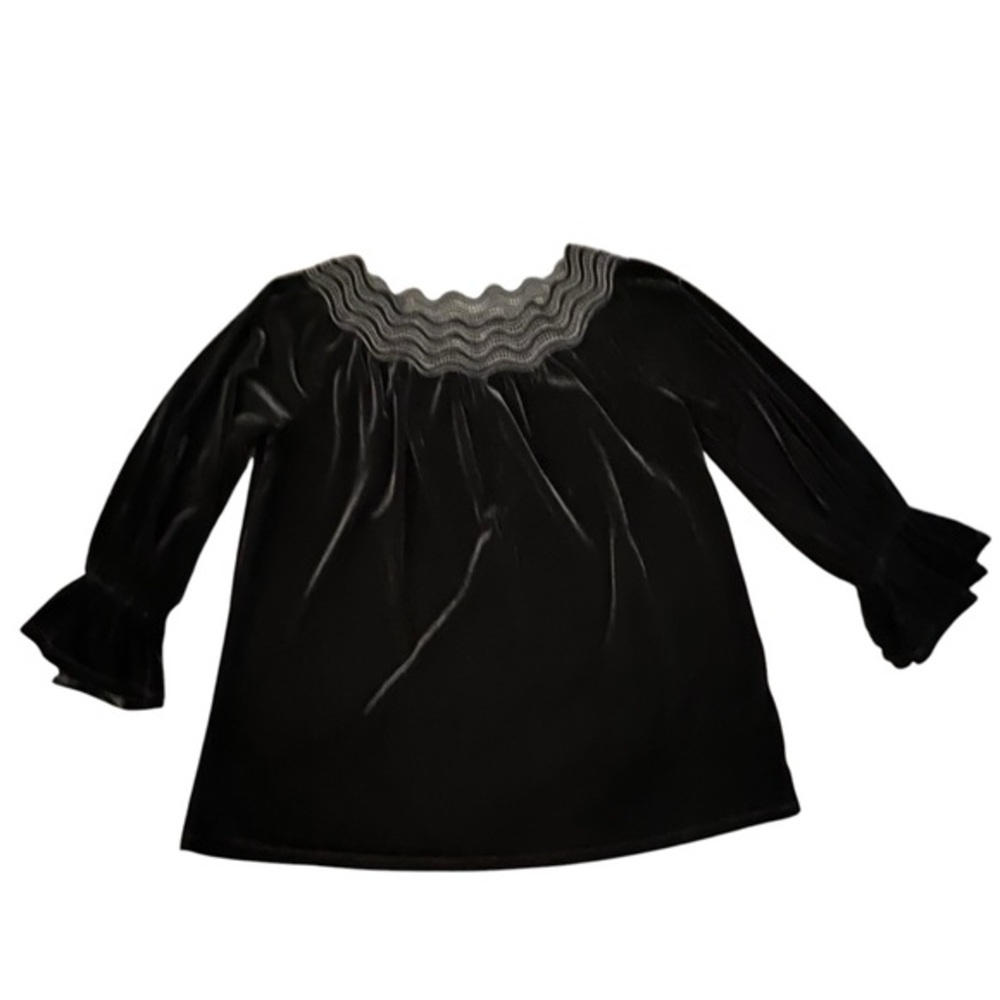 Rafaella Velvet Blouse Black Lace Neck Ruffle Sleeve Elegant Size Small Party